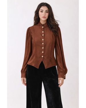 TRUEDAMES Elegant Satin-Finish Victorian Button-Up Top - Brown