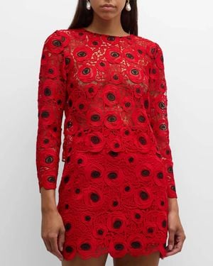 MILLY Nori Long Sleeve Lace Top - Red