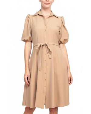 Sharagano Collared Short Sleeve Button Front Closure Dress With Pockets - Natural