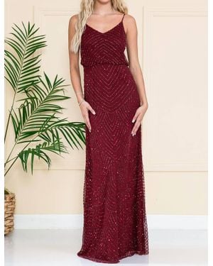 Amelia Couture Beaded Sleeveless V-Neck Gown - Red