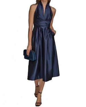 Donna Karan V-Neck Midi Cocktail Dress - Blue