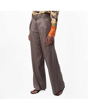 Bally Wool-Silk Wide-Leg Belted Pants - Brown
