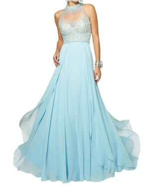 Paparazzi by Mori Lee Beaded Bodice Chiffon Gown - Blue