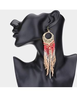 Fashnzfab Boho Cutout Metal Seed Beaded Tassel Fringed Dangle Earrings - Black
