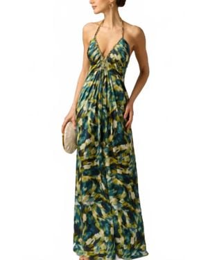 Adrianna Papell Printed Stretch Satin Chain Halter Gown - Green