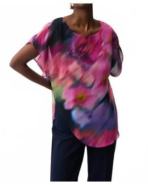 Joseph Ribkoff Floral Chiffon Overlay Asymmetric Top - Purple