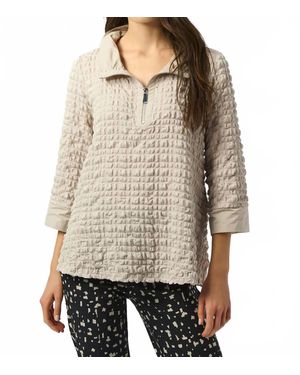 Joseph Ribkoff Bubble Textured Zipped Mock Collar 3/4 Sleeve Top - Natural