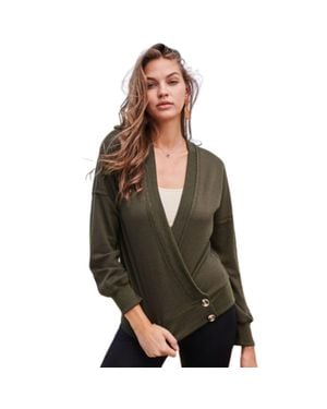 TRUEDAMES Overwrap Front Button Detail Long Sleeve Knit Top - Green