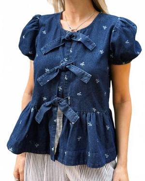 Blu Pepper Denim Bow Detail Short Sleeve Top - Blue