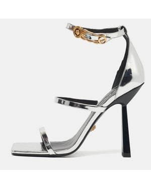 Versace Leather Safety Pin Ankle Strap Sandals - Gray