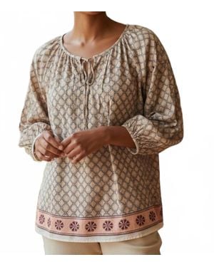 Mystree Boho Embroidered Border Gathered Sleeves Tunic Top - Brown