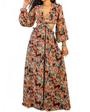 SurelyMine Floral Scent Cut Out Maxi Dress - Brown