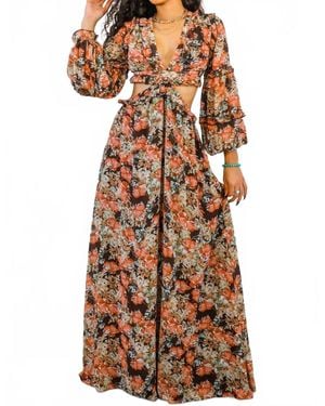 SurelyMine Floral Scent Cut Out Maxi Dress - Brown