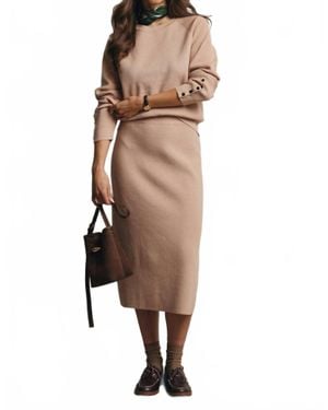 Forte Ribbed Cuff Sweater & Midi Skirt Knit Set - Natural