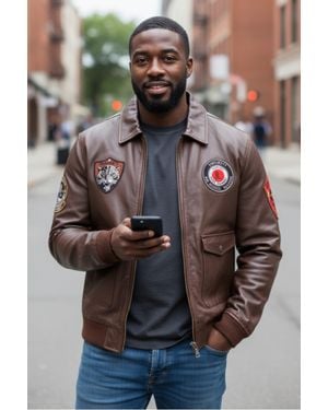 Infinity Leather Flying Leather Bomber Aviator Collar Jacket - Brown