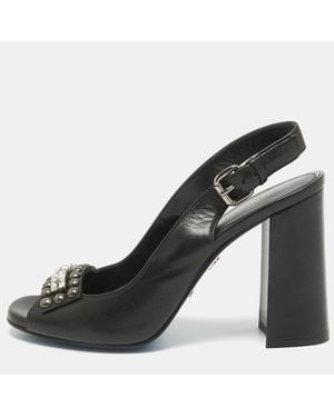Loriblu Leather Crystal Embellished Peep Toe Slingback Pumps - Black