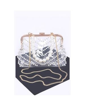 Fashnzfab Pearl Studs Handle Cleared Transparent Clutch - Blue
