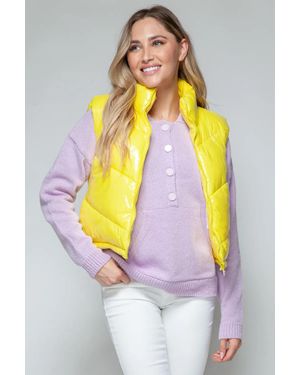 TRUEDAMES Zip Up Turtleneck Shiny Quilted Vest - Yellow