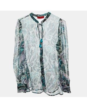 MAX&Co. Printed Lurex Silk Tie-Up Neck Detail Blouse - Blue