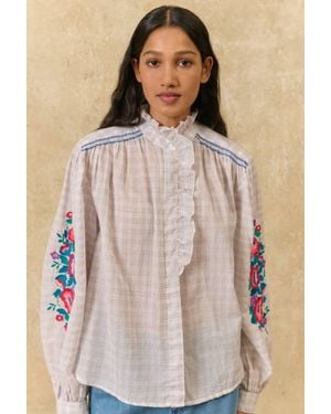 Louise Misha Cora Cruise Checks Shirt With Embroidery - Natural