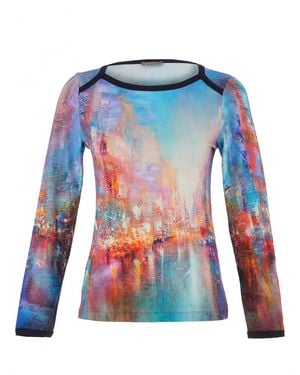 Dolcezza City Watercolor Long Sleeve Simple Art Top - Blue