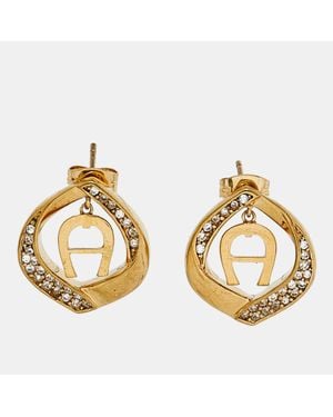 Aigner Tone Logo Crystal Detail Stud Earrings - Metallic