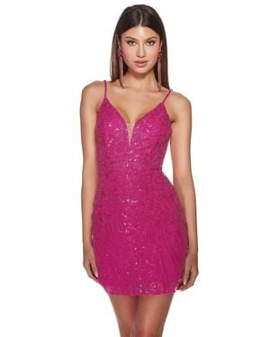 Alyce Paris Sequin Lace Plunging Neckline Cocktail Dress - Pink