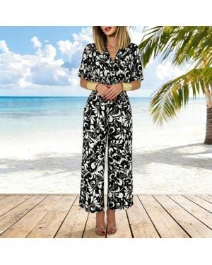 TRUEDAMES Summer V-Neck Printed Dolman Sleeve Cropped Wide-Leg Jumpsuit - Blue