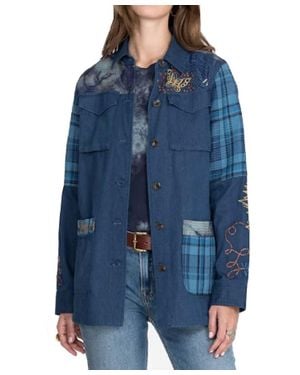 Johnny Was Moonlight Tie Dye Patchwork Military Jacket - Blue