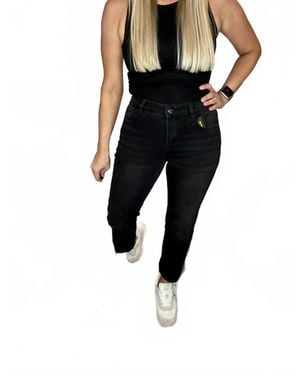 Risen Mid Rise Raw Edge Hem Straight Jeans - Black