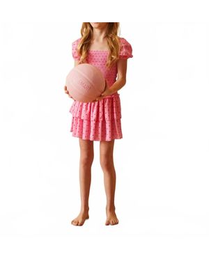 Theme Lexi Satin Smocked Short Sleeve Ruffle Dress - Red