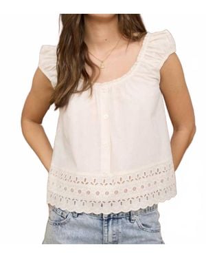 Blu Pepper Eyelet Lace Trim Short Sleeve Button Down Blouse - Natural
