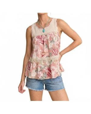 Davi & Dani Floral Printed Lace Top - Red
