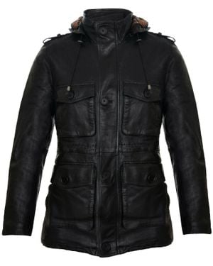 Infinity Leather Hooded Trench Multi-Pocket Overcoat Jacket - Black