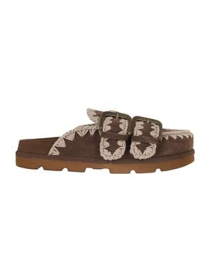 Mou Low-Cut Suede Clogs With Double Buckle Closure - Brown