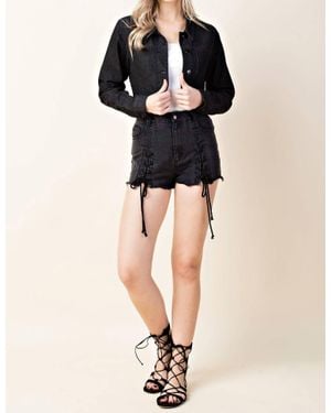 Honey Punch Lace Up Cropped Denim Jacket - Black