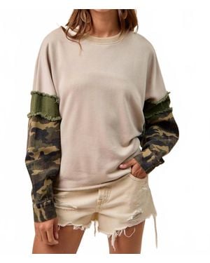 Bibi French Terry Camo Sleeve Frayed Edge Top - Natural