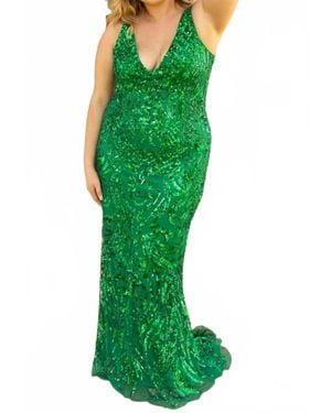 Primavera Lattice Sequined Sleeveless Evening Gown - Green
