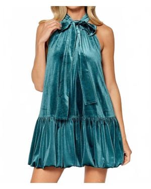 Lalavon Velvet Halter Bow Tie Bubble Hem Mini Dress - Blue