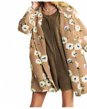 Davi & Dani Floral Chunky Button Front Hoodie Jacket - Brown