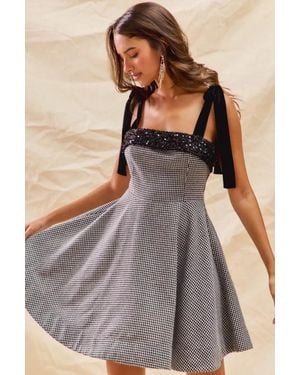 TRUEDAMES Houndstooth Fit Flare Mini Dress With Shoulder Tie - Gray