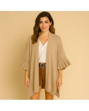 TRUEDAMES Solid Knit Open Front Punched Ruffle Sleeves Kimono Poncho - Natural
