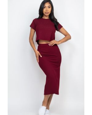 TRUEDAMES Short Sleeve Ribbed Top & Midi Skirt Se - Red