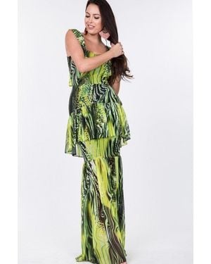 TRUEDAMES Ruffle Sleeve Tiered Bottom Print Long Dress - Green