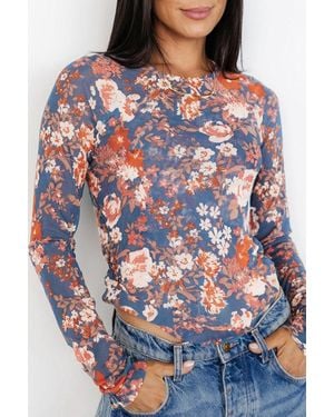 TRUEDAMES Floral Print Mesh Fitted Long Sleeve Top - Blue