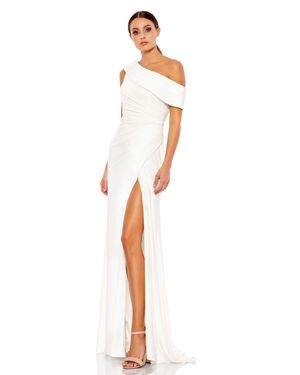 Ieena for Mac Duggal Foldover Off-The-Shoulder Slit Gown - White