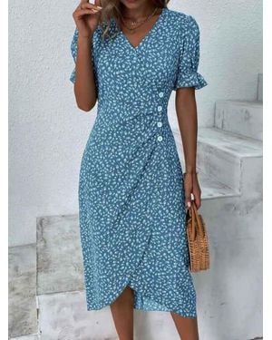 TRUEDAMES Slim-Fit Geometric Collage Bubble Sleeves Irregular Hem Dress Sub Split Dress Summer Floral Dress - Blue