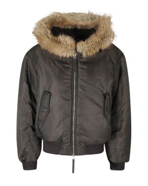 Low Classic Khaki Paneled Hooded Faux Leather Bomber Jacket - Black