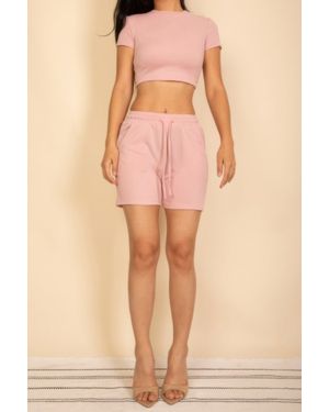 TRUEDAMES Fitted Crop Tee & Adjustable Drawstring Shorts Set - Pink