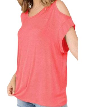shop basic Cold Shoulder Rolled Short Sleeve Round Neck Top With Side Slits - Pink